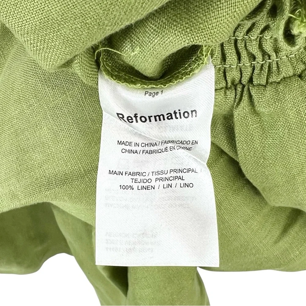 Reformation Vera Linen 2 Piece Set - Green Smocked Top & Matching Cropped Pants